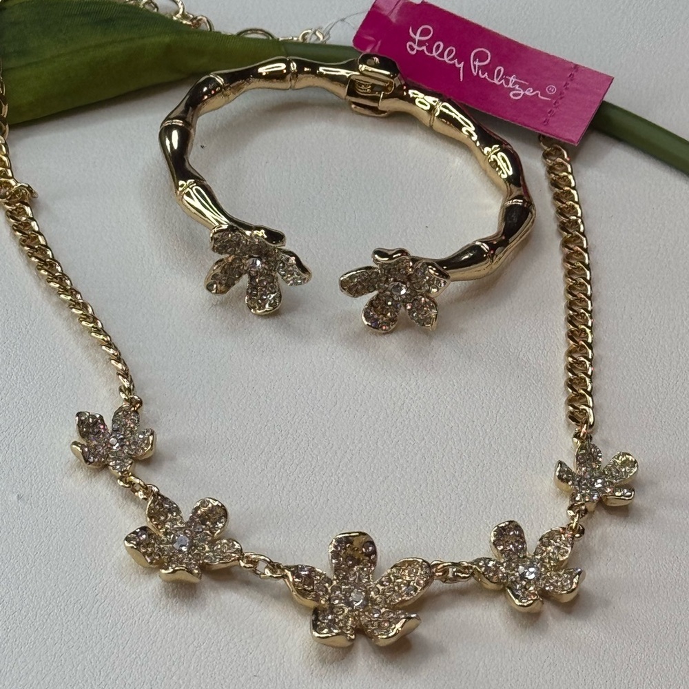 Lilly Pulitzer Gold Floral Pave Crystal Accents Necklace and Bracelet Set 16-19”